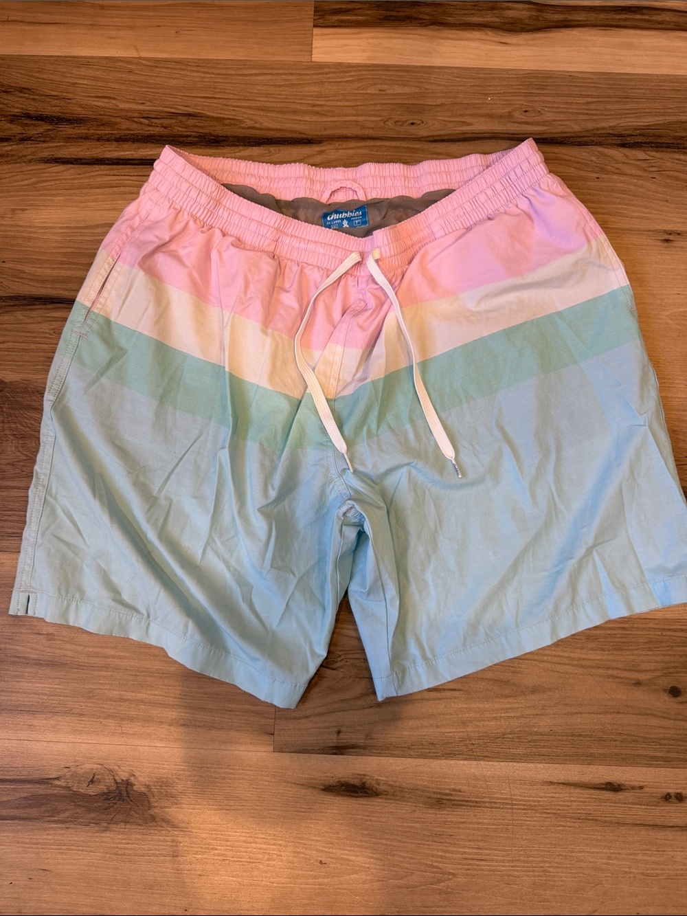 chubbies Pastel Pink & Light Blue Striped Swim Trunks